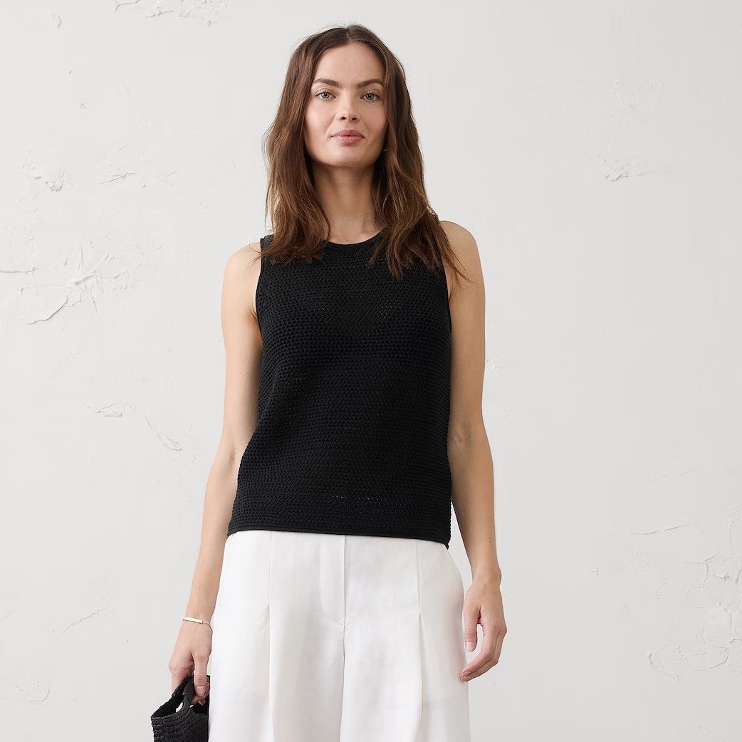 Banana Republic Womens Black 100% Italian Linen Open Knit Sleeveless Sweater M